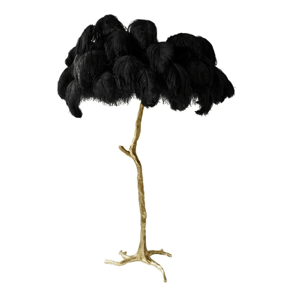 Ostrich Feather Brass Floor Lamp, Hollywood Regency Glam, Hand-Dyed Plumes, Plug-In