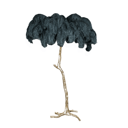 Ostrich Feather Brass Floor Lamp, Hollywood Regency Glam, Hand-Dyed Plumes, Plug-In