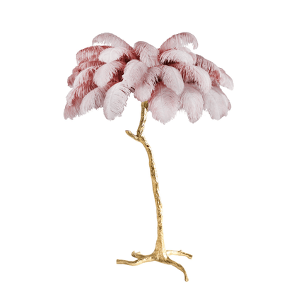 Ostrich Feather Brass Floor Lamp, Hollywood Regency Glam, Hand-Dyed Plumes, Plug-In