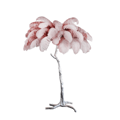 Ostrich Feather Brass Floor Lamp, Hollywood Regency Glam, Hand-Dyed Plumes, Plug-In