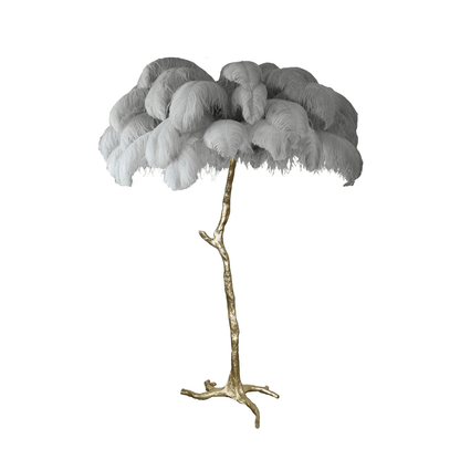 Ostrich Feather Brass Floor Lamp, Hollywood Regency Glam, Hand-Dyed Plumes, Plug-In