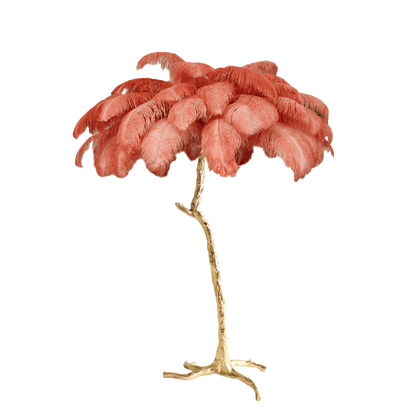 Ostrich Feather Brass Floor Lamp, Hollywood Regency Glam, Hand-Dyed Plumes, Plug-In