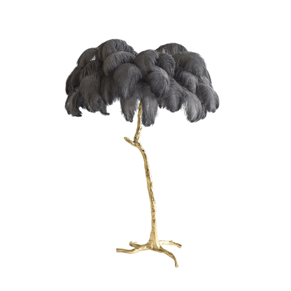 Ostrich Feather Brass Floor Lamp, Hollywood Regency Glam, Hand-Dyed Plumes, Plug-In