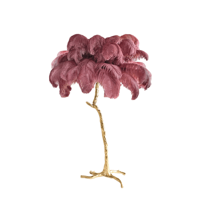 Ostrich Feather Brass Floor Lamp, Hollywood Regency Glam, Hand-Dyed Plumes, Plug-In