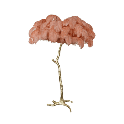 Ostrich Feather Brass Floor Lamp, Hollywood Regency Glam, Hand-Dyed Plumes, Plug-In