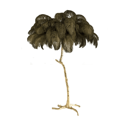 Ostrich Feather Brass Floor Lamp, Hollywood Regency Glam, Hand-Dyed Plumes, Plug-In