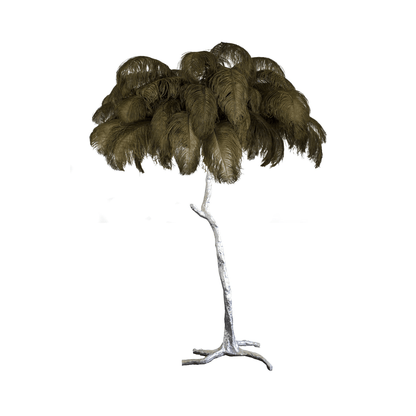 Ostrich Feather Brass Floor Lamp, Hollywood Regency Glam, Hand-Dyed Plumes, Plug-In