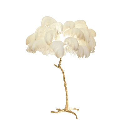 Ostrich Feather Brass Floor Lamp, Hollywood Regency Glam, Hand-Dyed Plumes, Plug-In