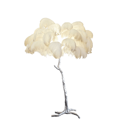 Ostrich Feather Brass Floor Lamp, Hollywood Regency Glam, Hand-Dyed Plumes, Plug-In