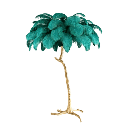 Ostrich Feather Brass Floor Lamp, Hollywood Regency Glam, Hand-Dyed Plumes, Plug-In