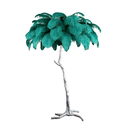Ostrich Feather Brass Floor Lamp, Hollywood Regency Glam, Hand-Dyed Plumes, Plug-In