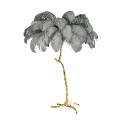 Ostrich Feather Brass Floor Lamp, Hollywood Regency Glam, Hand-Dyed Plumes, Plug-In