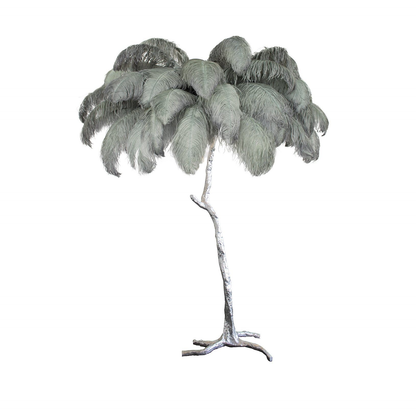 Ostrich Feather Brass Floor Lamp, Hollywood Regency Glam, Hand-Dyed Plumes, Plug-In
