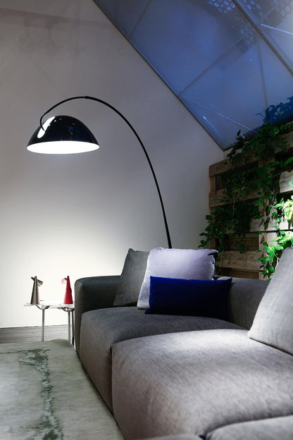 Close-up of the Verse arc floor lamp's swiveling shade joint