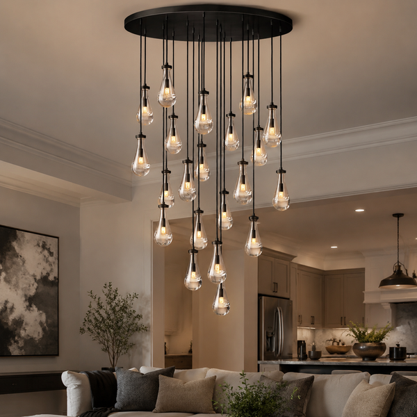 Savona Chandeliers, Round Hand-Blown Glass Chandelier, Dimmable, Brass Canopy, Dining Room