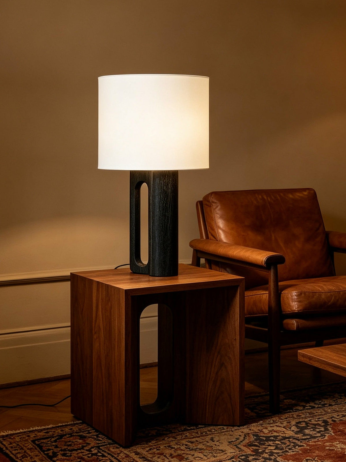 Arvo Lamps for Table, Modern Black Wood Table Lamp, White Drum Shade, Bedside & Living Room