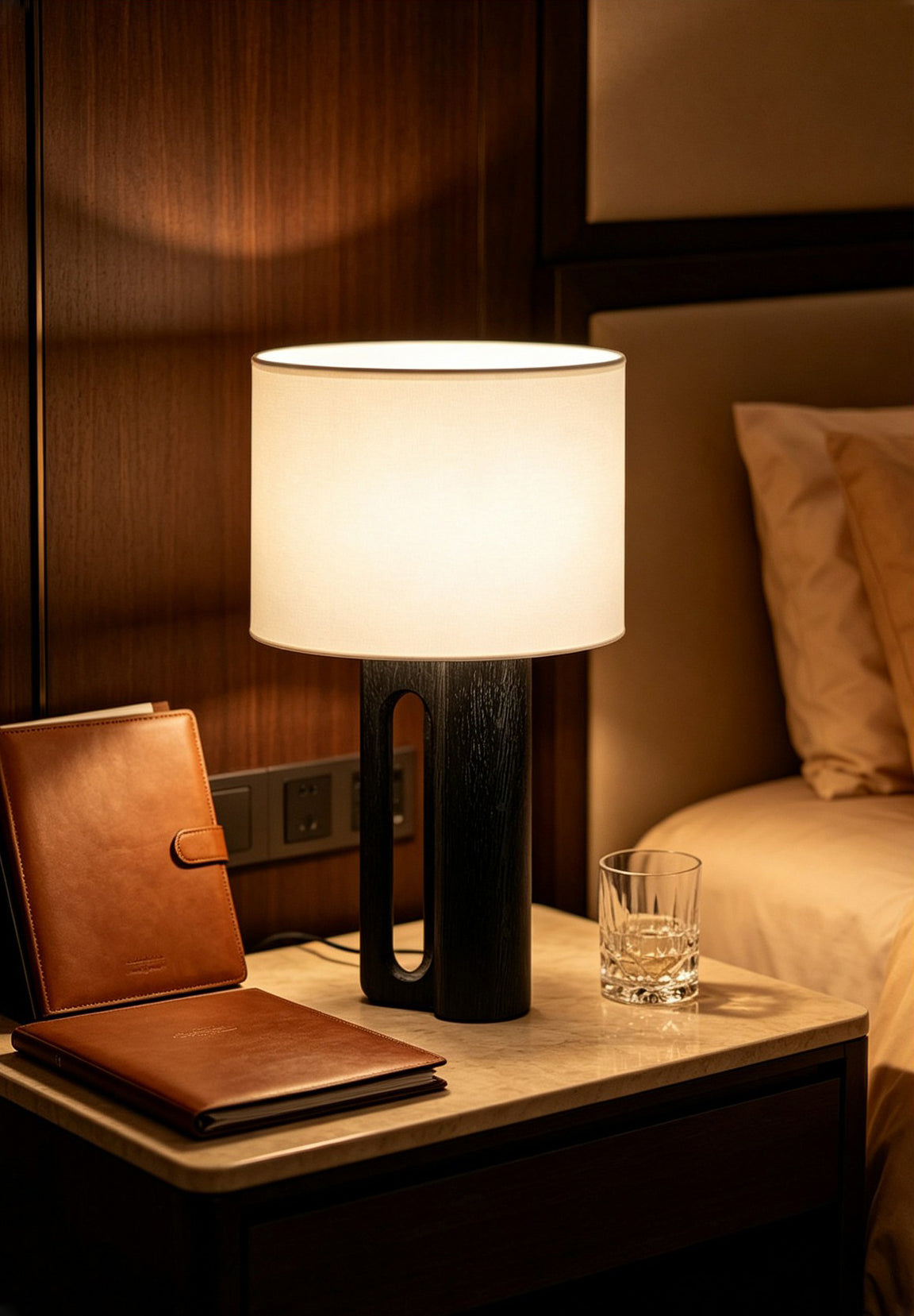 Arvo Lamps for Table, Modern Black Wood Table Lamp, White Drum Shade, Bedside & Living Room