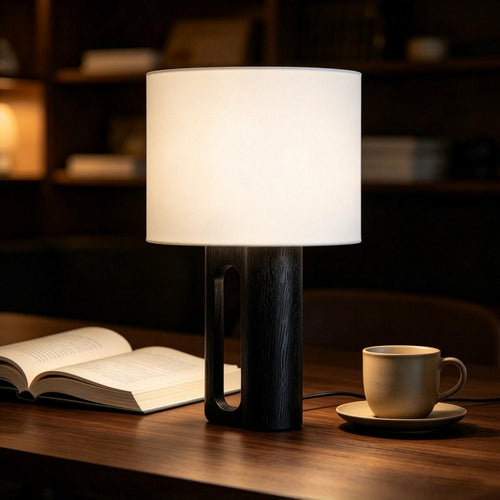 Arvo Lamps for Table, Modern Black Wood Table Lamp, White Drum Shade, Bedside & Living Room