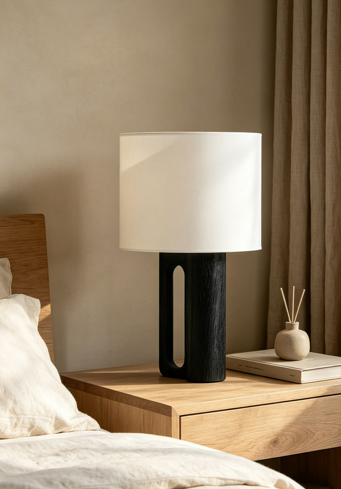 Arvo Lamps for Table, Modern Black Wood Table Lamp, White Drum Shade, Bedside & Living Room