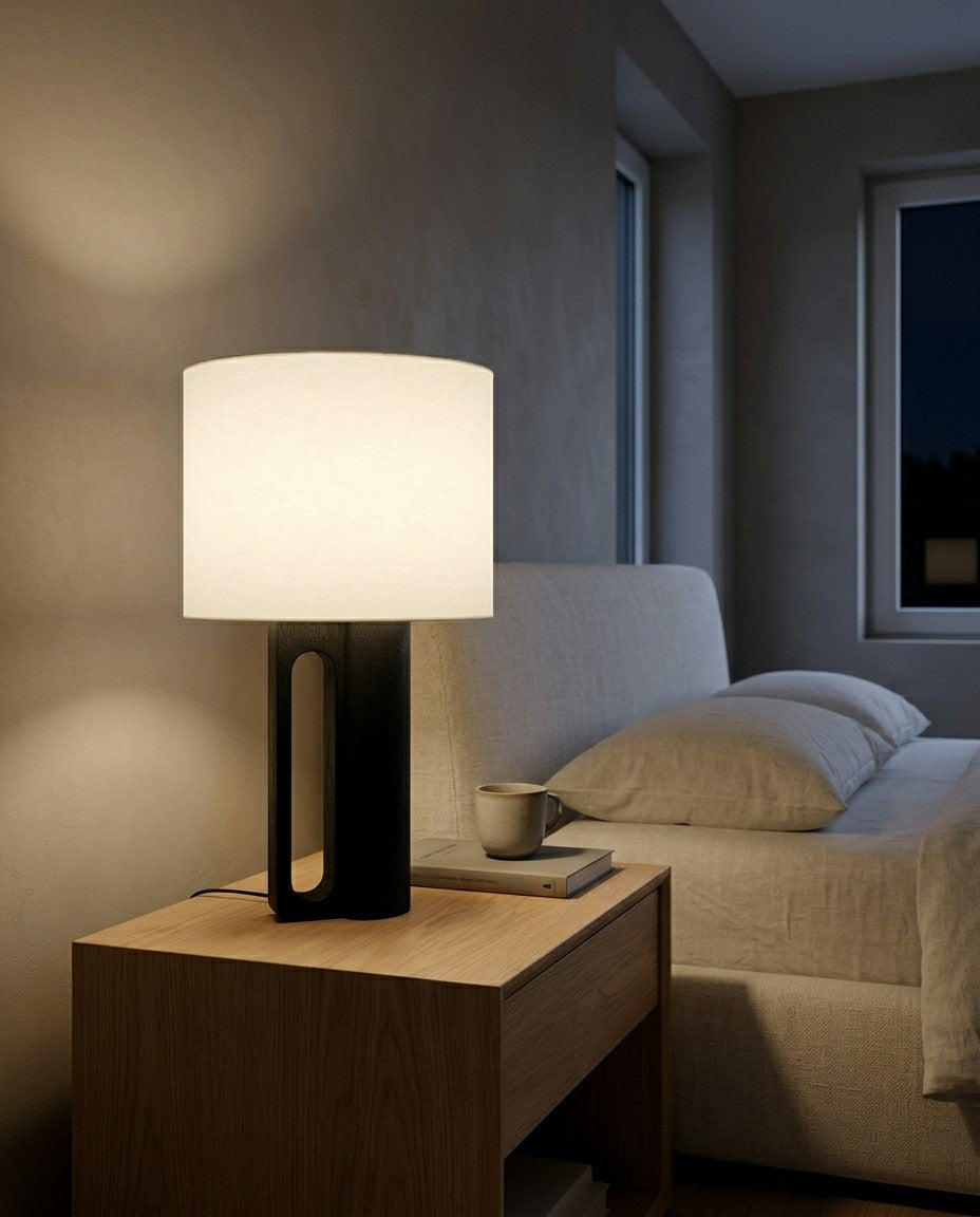 Arvo Lamps for Table, Modern Black Wood Table Lamp, White Drum Shade, Bedside & Living Room