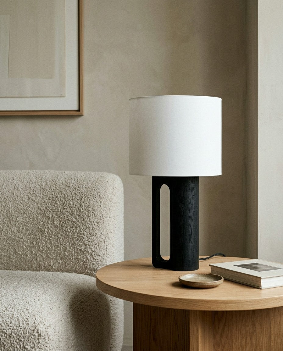Arvo Lamps for Table, Modern Black Wood Table Lamp, White Drum Shade, Bedside & Living Room