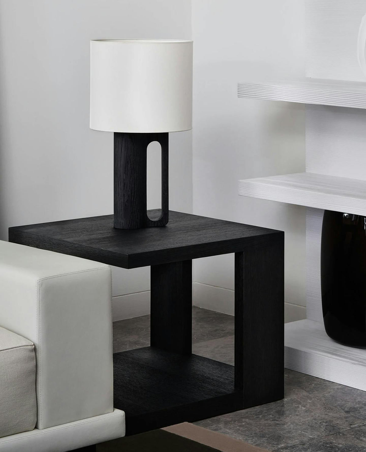 Arvo Lamps for Table, Modern Black Wood Table Lamp, White Drum Shade, Bedside & Living Room