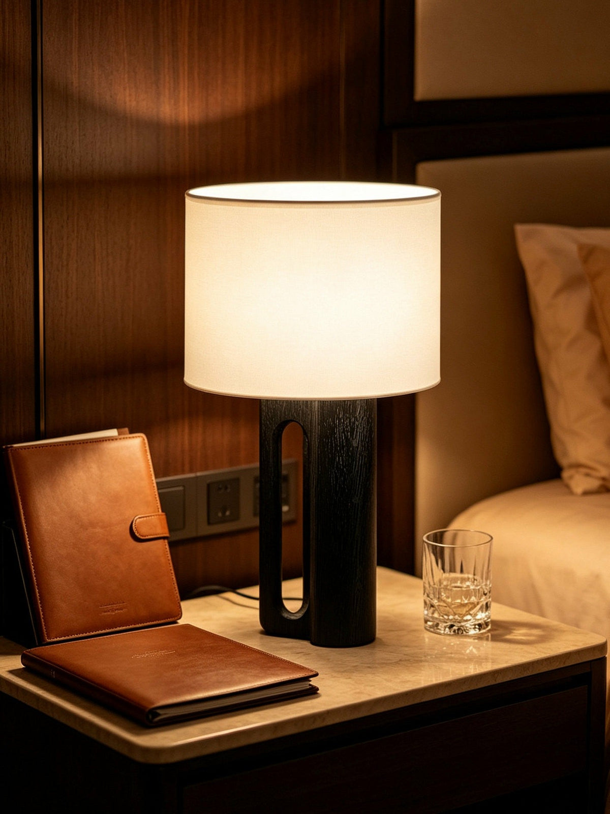 Arvo Lamps for Table, Modern Black Wood Table Lamp, White Drum Shade, Bedside & Living Room