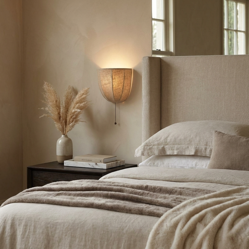 Alma Wall Lighting Sconce, Compact Linen Wall Sconce, Warm Diffused Glow, Bedroom & Hallway