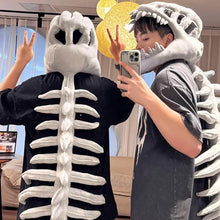 Dinosaur skeleton costume in plush fabric with bone detailing along the spine
