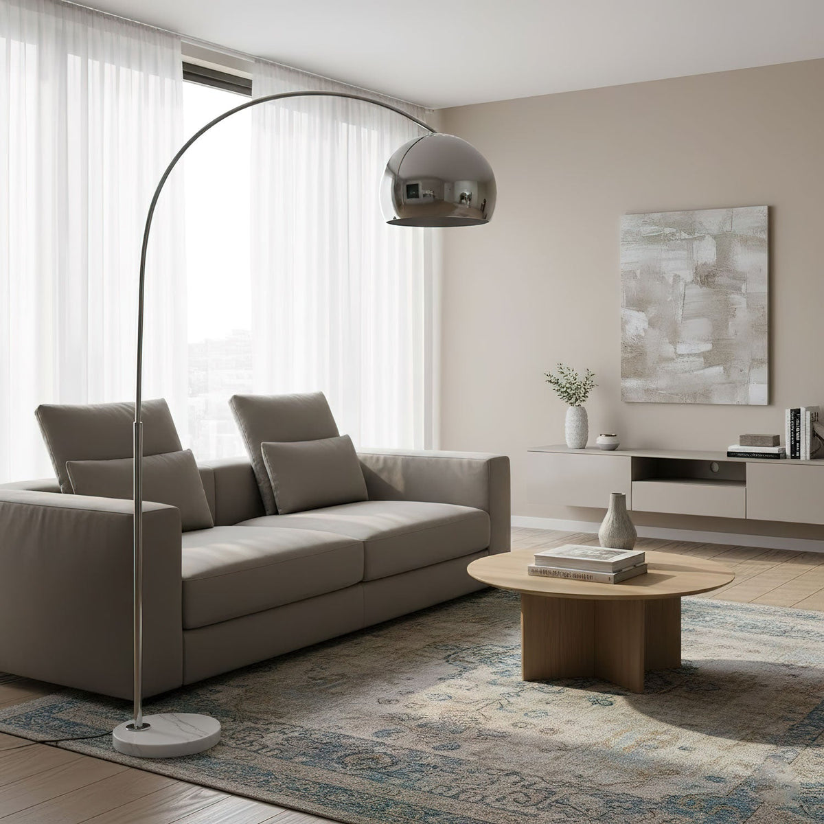 Sneedville floor lamp switched on, warm ambient light