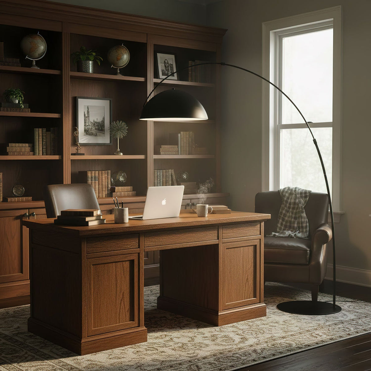 Verse arc floor lamp beside a reading chair, shade angled downward