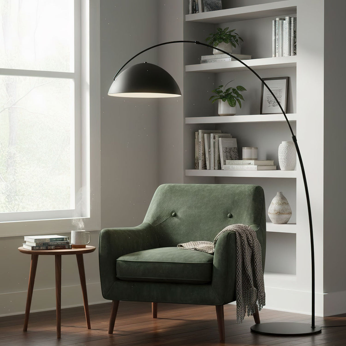 Close-up of the Verse arc floor lamp's swiveling shade joint