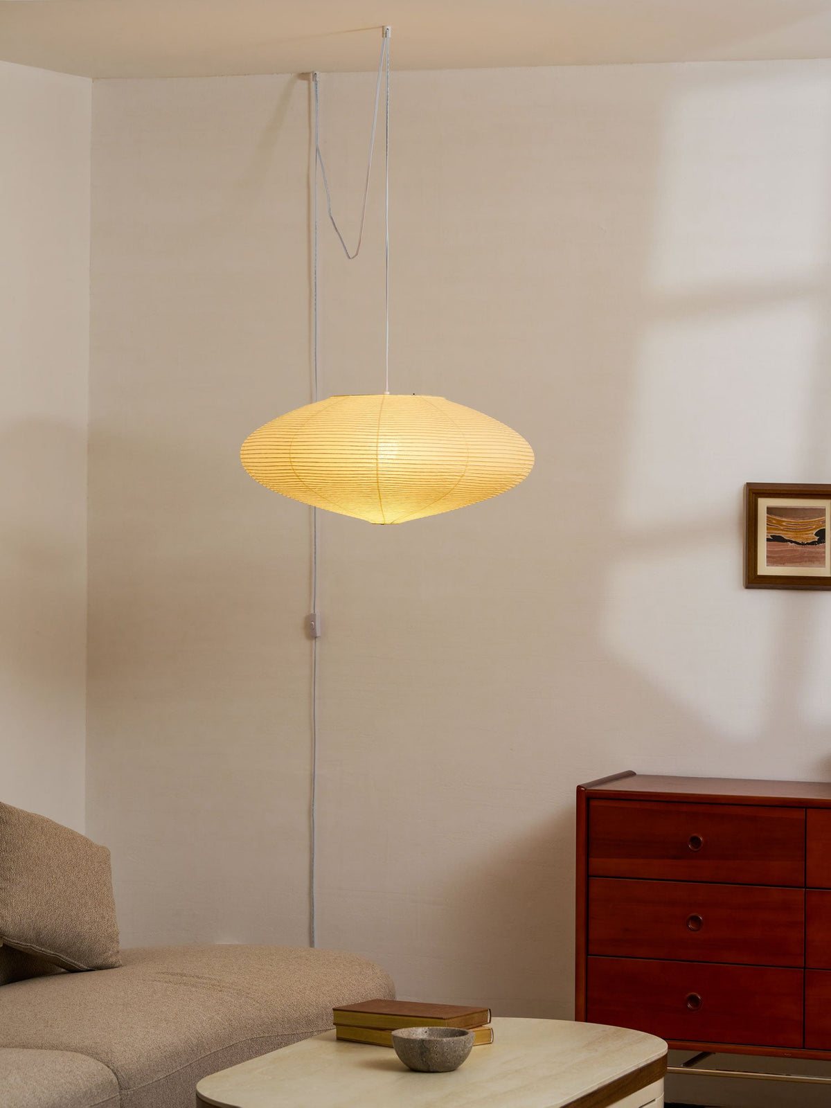 Kumo Washi Paper Light, Swag Pendant Lamp, Round Paper Lampshade, 3 Sizes, White Cable