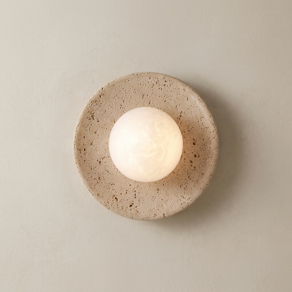 Tivoli Wall Sconces, Travertine Stone Wall Light, Diffused Glass Globe, Bedroom & Hallway