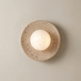 Tivoli Wall Sconces, Travertine Stone Wall Light, Diffused Glass Globe, Bedroom & Hallway