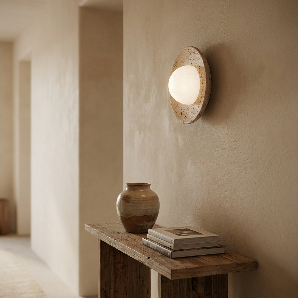 Tivoli Wall Sconces, Travertine Stone Wall Light, Diffused Glass Globe, Bedroom & Hallway
