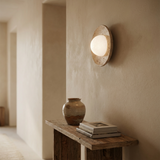 Tivoli Wall Sconces, Travertine Stone Wall Light, Diffused Glass Globe, Bedroom & Hallway