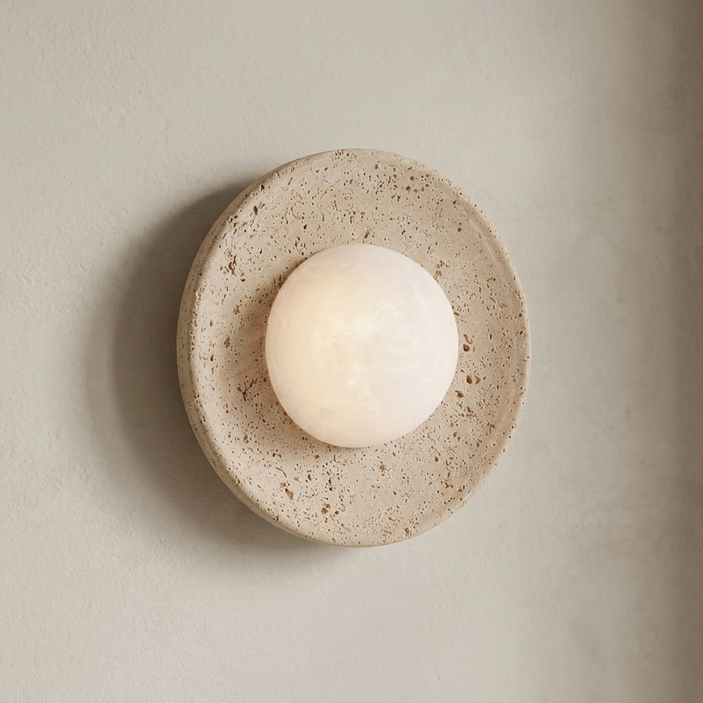Tivoli Wall Sconces, Travertine Stone Wall Light, Diffused Glass Globe, Bedroom & Hallway