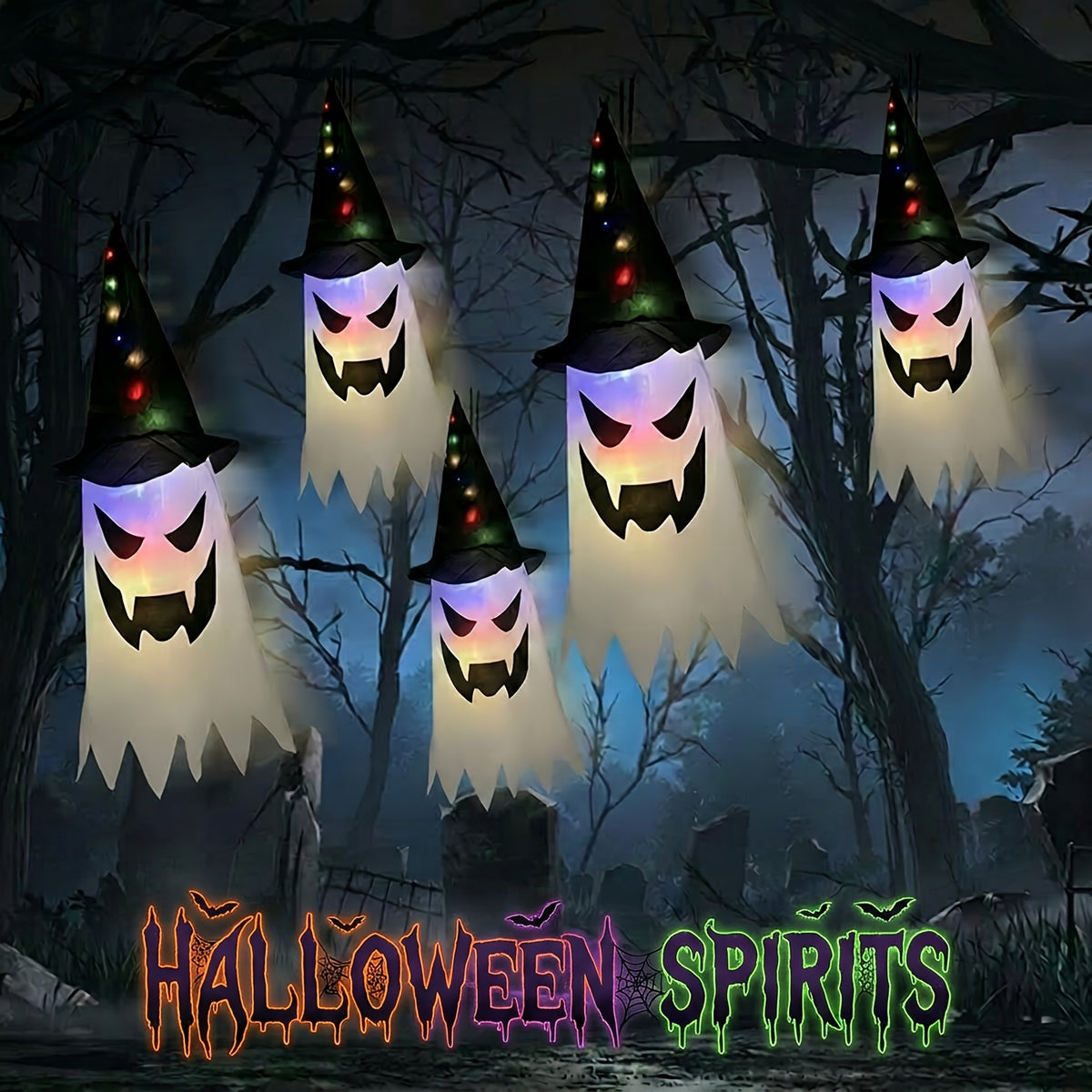 Glowing ghost witch hat string lights lit up in multi-color