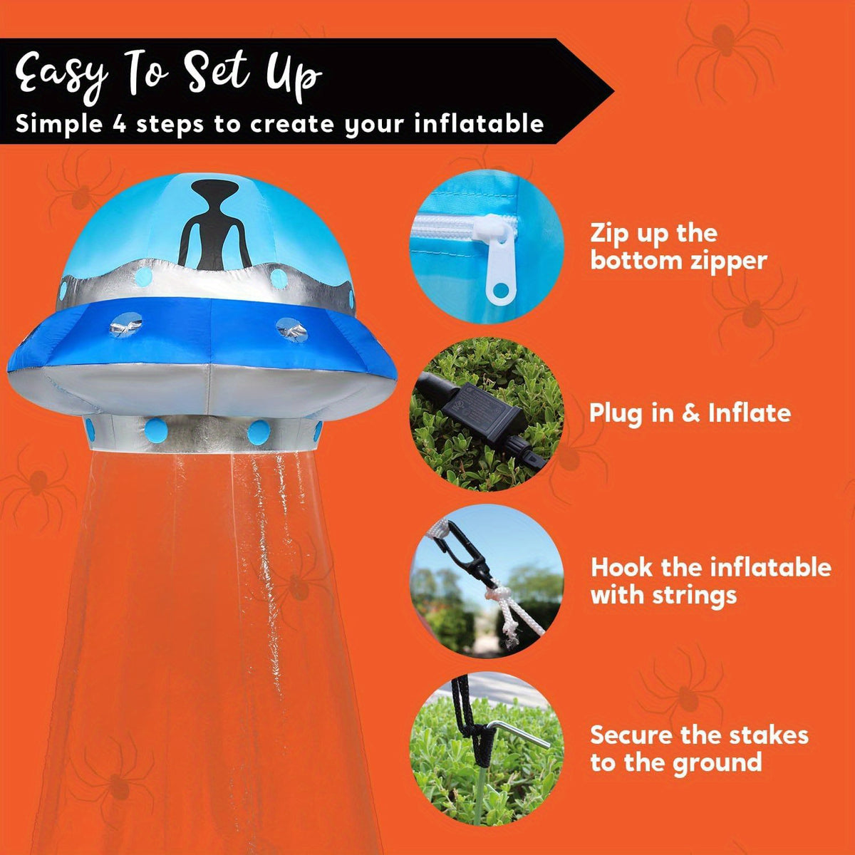Inflatable UFO staked into the ground with stakes and tethers