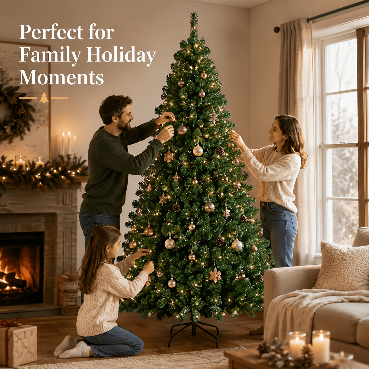 Side profile of the 94.5 in green artificial Christmas tree