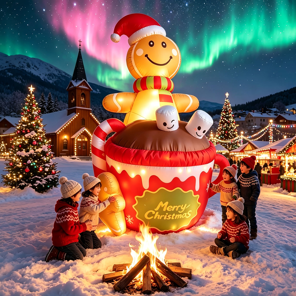 Christmas Yard Inflatable Decorations, 6ft LED Blow Up Gingerbread Man in Hot Chocolate Cup