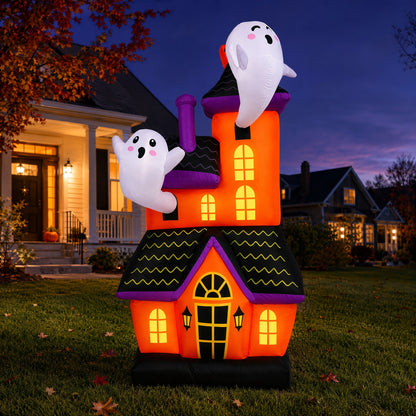 Large inflatable haunted house ghost castle decoration lit up in a yard - view 6