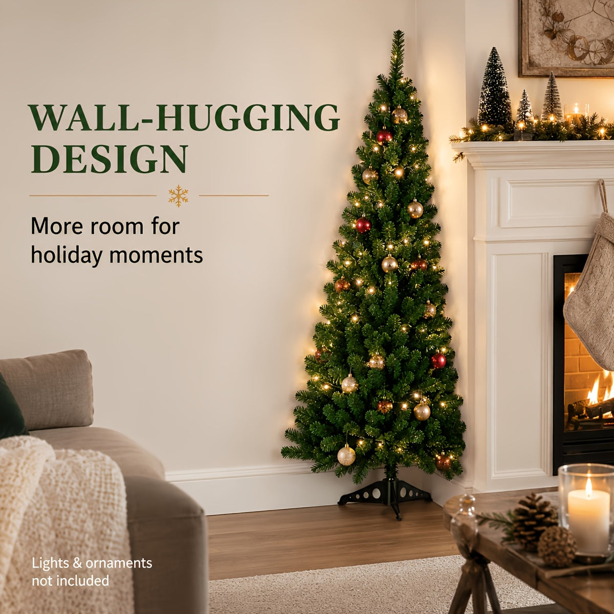 Artificial Christmas tree on a metal frame beside a fireplace