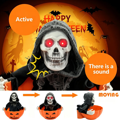 Light-up Halloween figure table lamp with sound effects, available as a skeleton or a witch