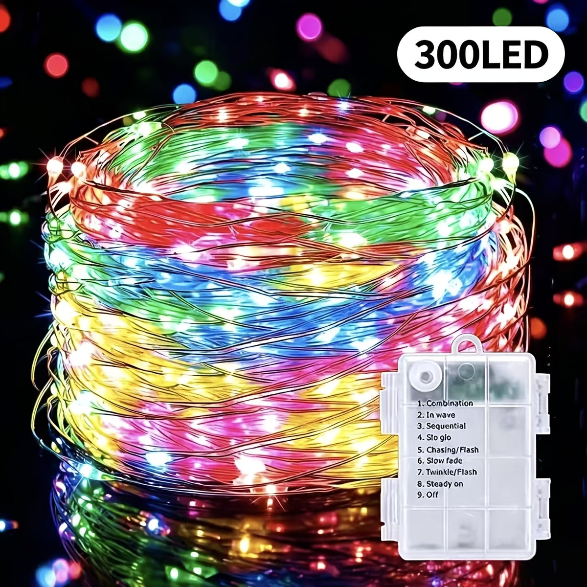 Multicolor version of the copper wire lights against a dark background