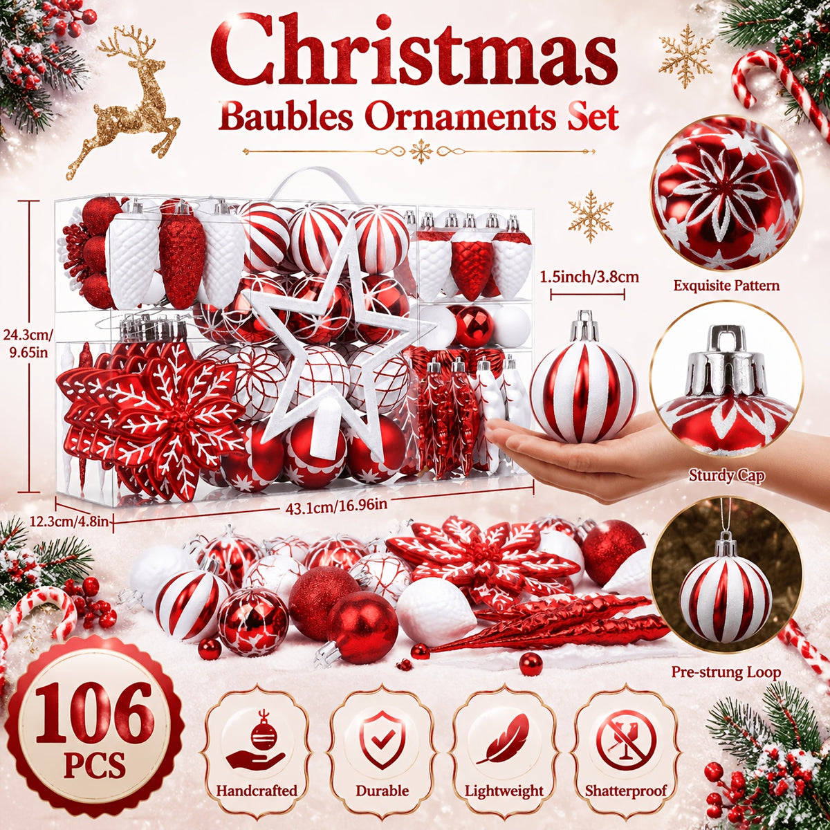 Christmas Ornaments Ball Set, 106 Colorful Shatterproof Baubles, Tree & Wedding Decor