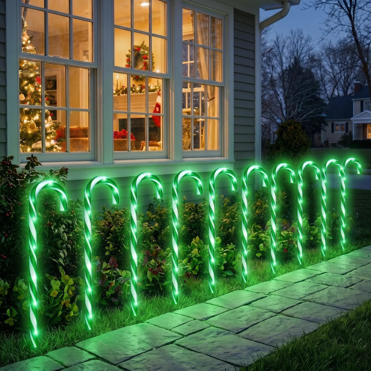 Ten piece candy cane pathway light set on a 25 ft run