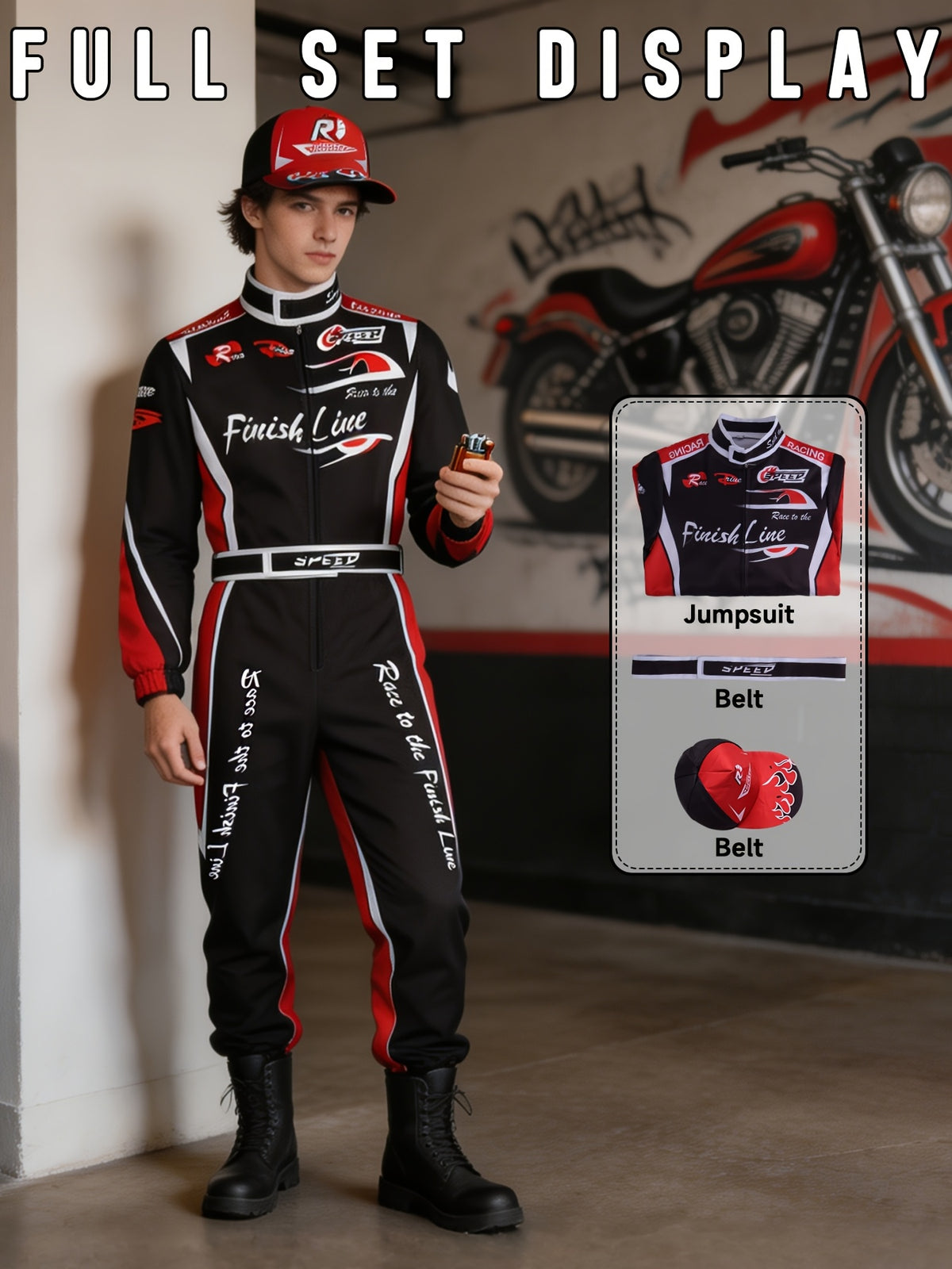 Racing suit shown from the front with the belt fastened