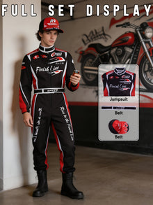 Racing suit shown from the front with the belt fastened